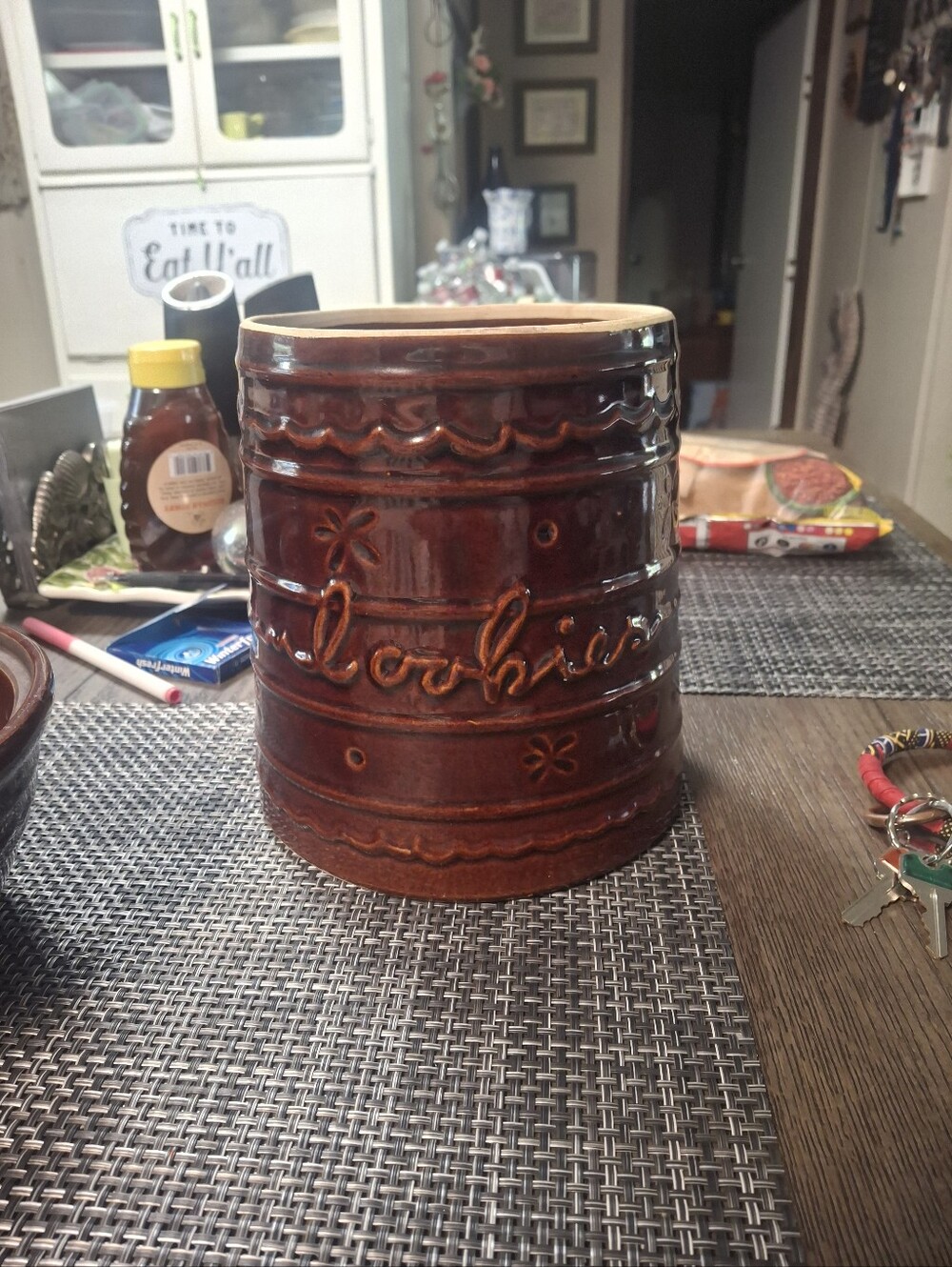 Marcrest Daisy Dot Collection.Rustic Brown Stoneware Cookie Jar
